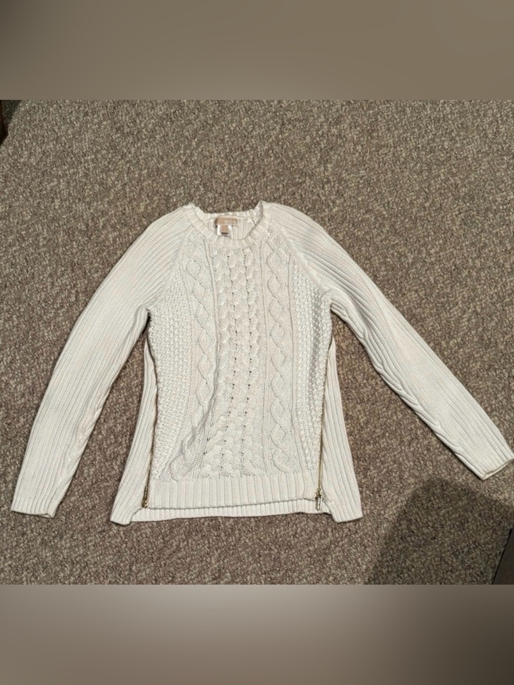 Michael Kors Side-Zipper Cable Knit White Crewneck Sweater Size Large
